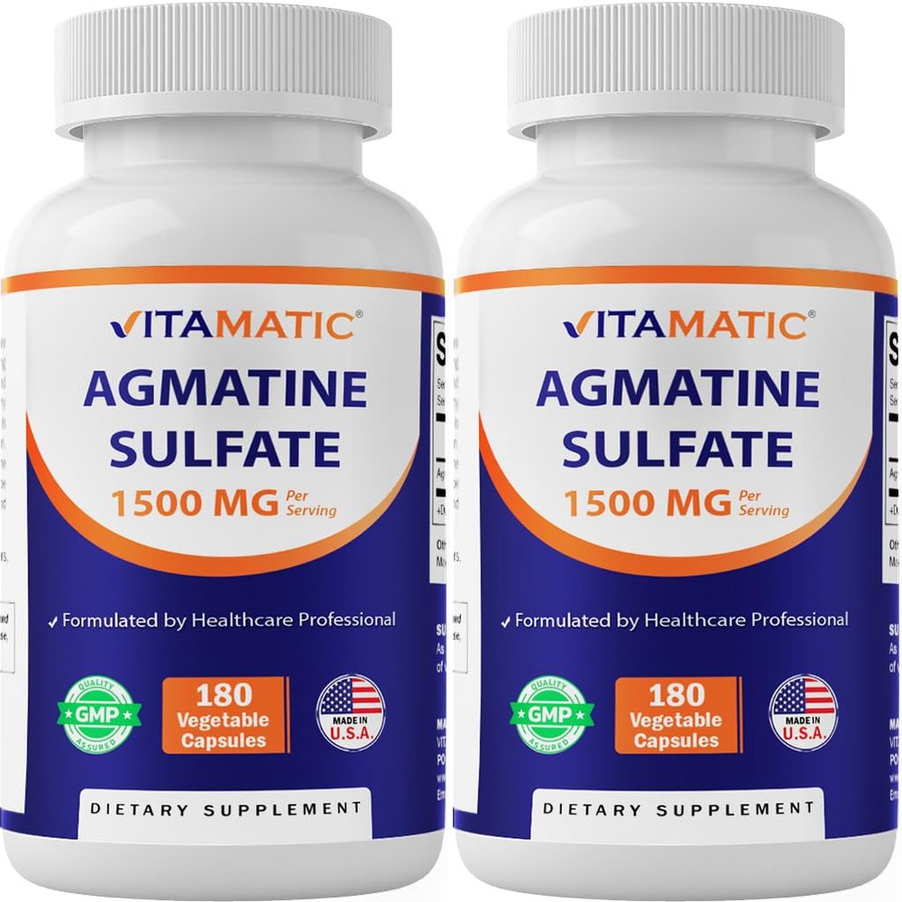 Vitamatic Agmatine Sulfate 1500mg Per Serving - 180 Veg Capsules - Made in The USA - Non-GMO & Gluten Free - 2 Pack