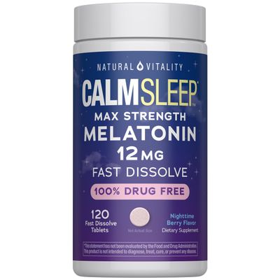Natural Vitality Calm Sleep Melatonin 12mg Fast Dissolve Tablets | Max Strength Supplement | Nighttime Berry Flavor | 100% Drug Free | 120 Count