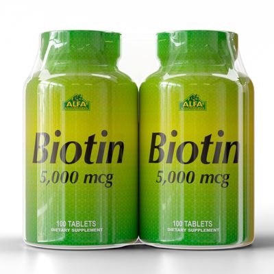 ALFA VITAMINS Biotin 5000 mcg High Potency Vitamin B7 Supplement for Daily Use 100 Tablets 2 Pack