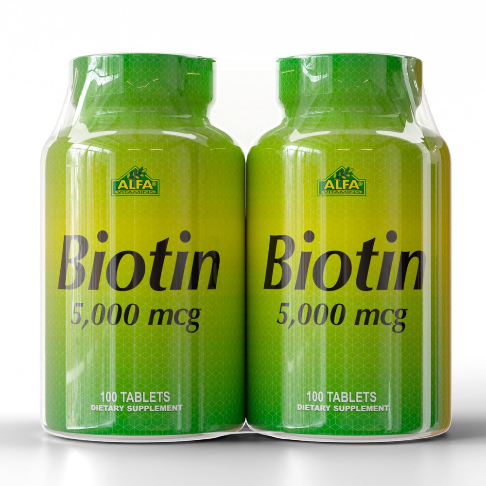 ALFA VITAMINS Biotin 5000 mcg High Potency Vitamin B7 Supplement for Daily Use 100 Tablets 2 Pack