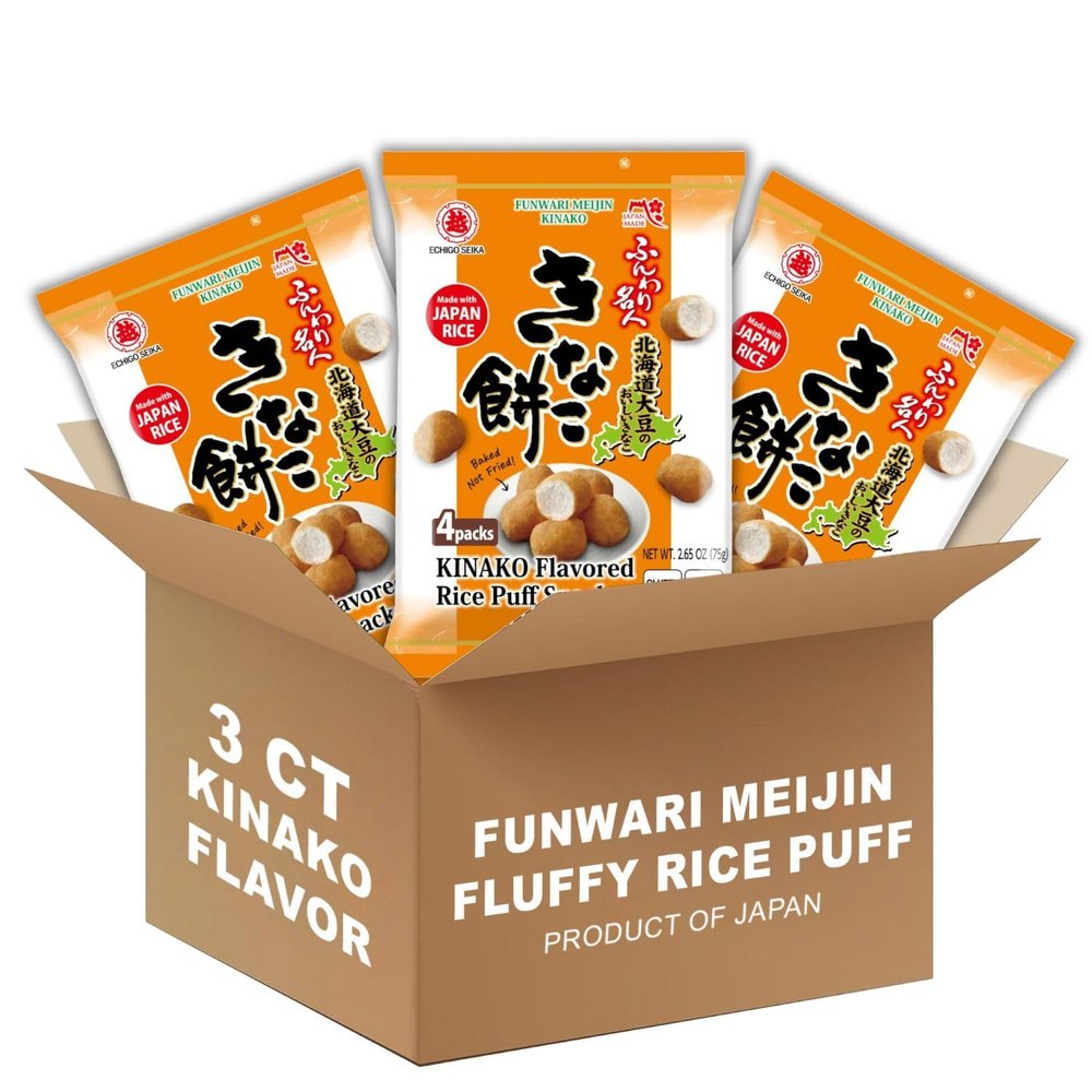 Rice Puff Snack Funwari Meijin Light & Melting Sweet Soybean Powder Kinako Flavored Rice Snack | 100% Japanese Rice & Hokkaido Soybean (3 pack, Sweet Soybean) | Product of Japan