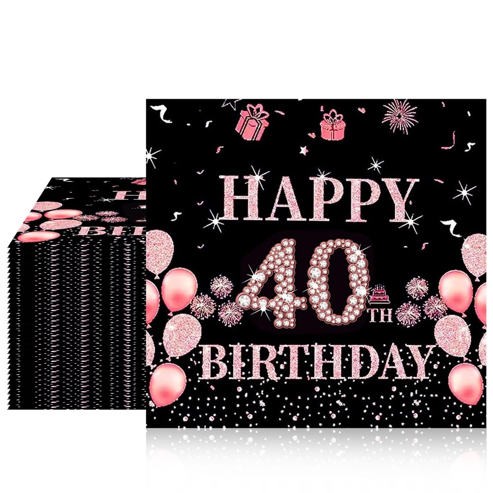 40Pcs 40th Birthday Decorations for Women, Black Rose Gold Disposable Paper Napkins Cheers to 40 Years Old Birthday Anniversary Party Decorations Supplies (6.5x6.5 Inches)