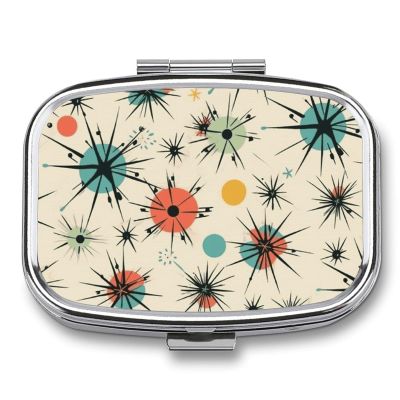 Pill Organizer, Portable Pill Box, Travel 7 Day Pillcase Atomic Stars Retro Pattern Medicine Organizer 2 Compartments Medicine Container for Vitamins, Medications, Fish Oil and Supplements