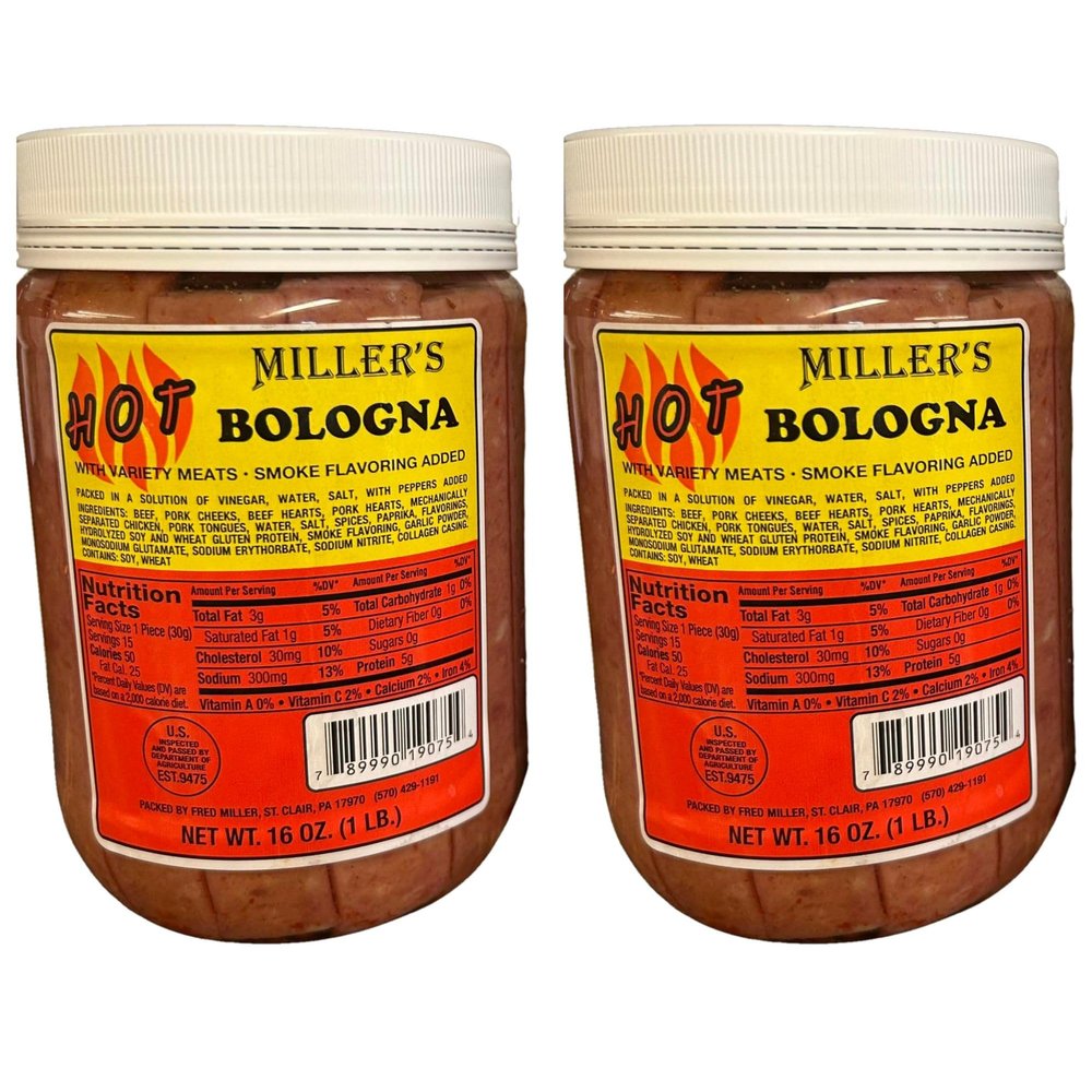 Putt Pantry Spicey Combo, 2 Pack of Millers Hot Bologna, Zesty Pickled Bologna in a Hot Pepper Vinegar Brine Amish-Style Snack, Ready to Eat, 16 oz Each, 32 oz Total