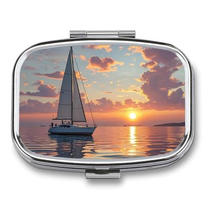 Pill Organizer, Portable Pill Box, Travel 7 Day Pillcase Sailboat and Sunset Medicine Organizer 2 Compartments Medicine Container for Vitamins, Medications, Fish Oil and Supplements