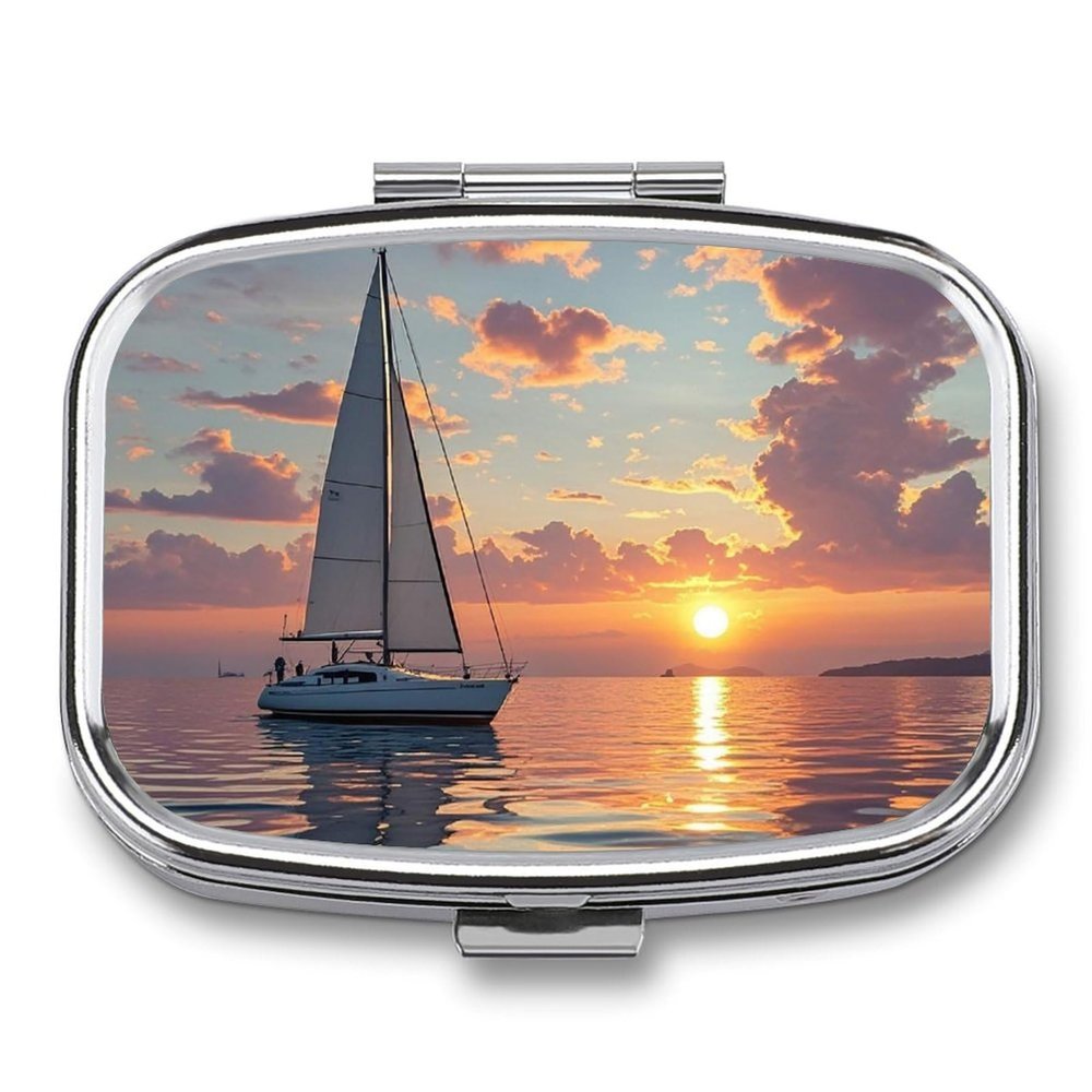 Pill Organizer, Portable Pill Box, Travel 7 Day Pillcase Sailboat and Sunset Medicine Organizer 2 Compartments Medicine Container for Vitamins, Medications, Fish Oil and Supplements