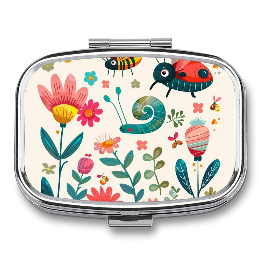 Pill Organizer, Portable Pill Box, Travel 7 Day Pillcase Cartoon Small Insect Medicine Organizer 2 Compartments Medicine Container for Vitamins, Medications, Fish Oil and Supplements