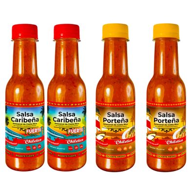 Chiletico Caribbean & Pacific Artisan Hot Sauce Combo (2 Caribea Hot + 2 Portea) Authentic Costa Rican Flavors 4.9 oz Bottles Total Net Weight 19.6 oz 4-Pack