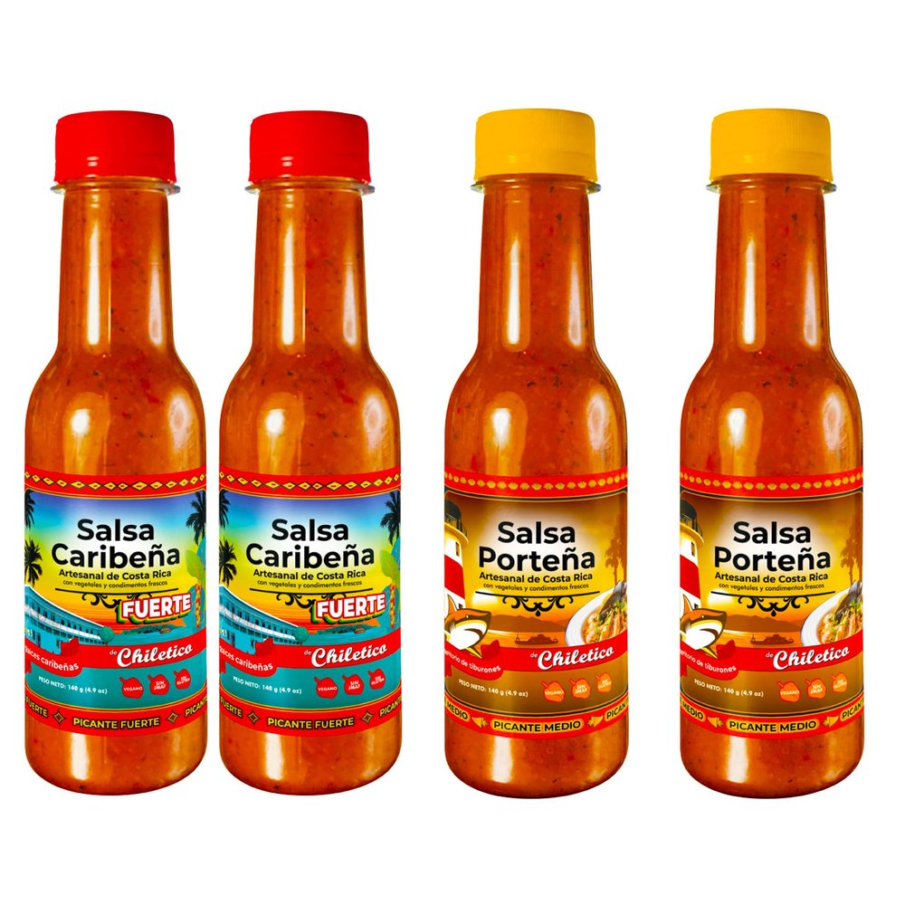 Chiletico Caribbean & Pacific Artisan Hot Sauce Combo (2 Caribea Hot + 2 Portea) Authentic Costa Rican Flavors 4.9 oz Bottles Total Net Weight 19.6 oz 4-Pack