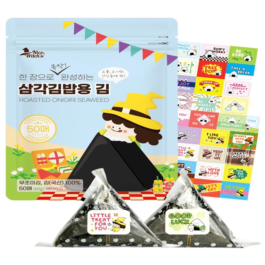 [50 sheets] Nice witch's Seaweed Wrappers for Triangle Rice Ball Korean Gimbap Nori, Onigiri Sheets for Easy Homemade Cooking