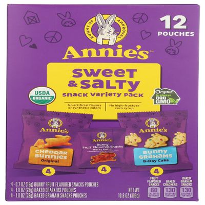 Annie's Homegrown Sweet & Salty Bunny Snack Variety Pack, USDA Certified Organic, Non-GMO, 10.8 Ounce (Pack of 6)