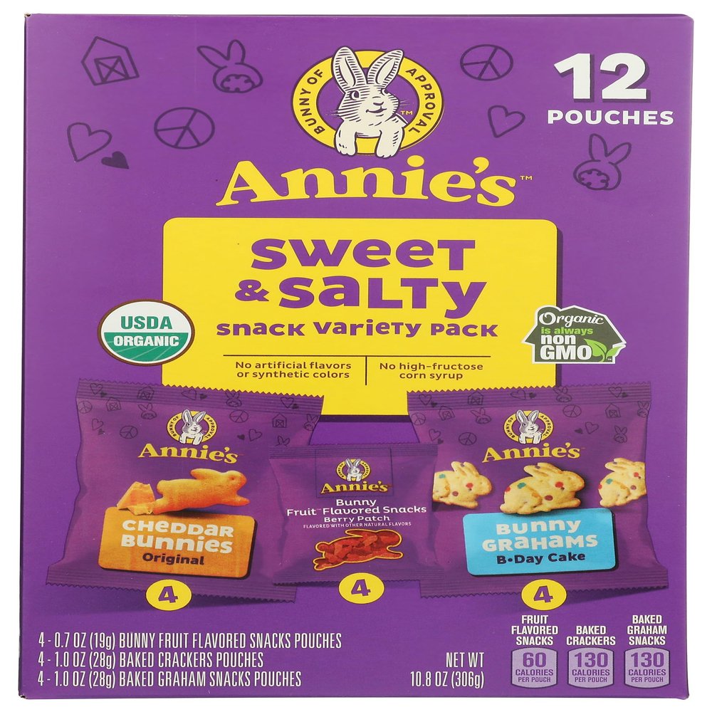 Annie's Homegrown Sweet & Salty Bunny Snack Variety Pack, USDA Certified Organic, Non-GMO, 10.8 Ounce (Pack of 6)