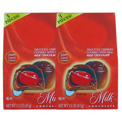 (2) Chocolate Covered Cherries, 1.5oz Milk Chocolate Candy with Liquid Cherry Center Individually Boxed Party Treats for Gifting or Snacking