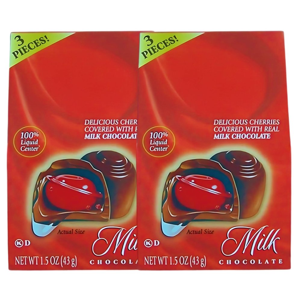 (2) Chocolate Covered Cherries, 1.5oz Milk Chocolate Candy with Liquid Cherry Center Individually Boxed Party Treats for Gifting or Snacking