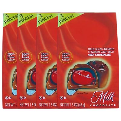 (4) Chocolate Covered Cherries, 1.5oz Milk Chocolate Candy with Liquid Cherry Center Individually Boxed Treats for Gifting or Snacking