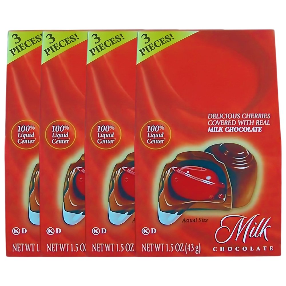 (4) Chocolate Covered Cherries, 1.5oz Milk Chocolate Candy with Liquid Cherry Center Individually Boxed Treats for Gifting or Snacking