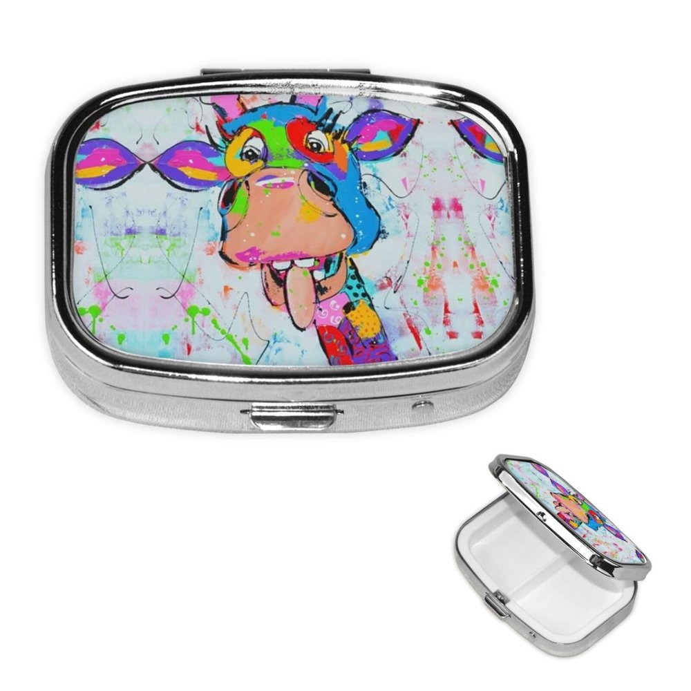 Happy Giraffe Pill Box Round Pill Case for Pocket Purse 2 Compartment Medicine Pill Organizer Cute Portable Travel Pillbox Vitamin Cod Liver Oil Storage Box Unique Gift Organizer