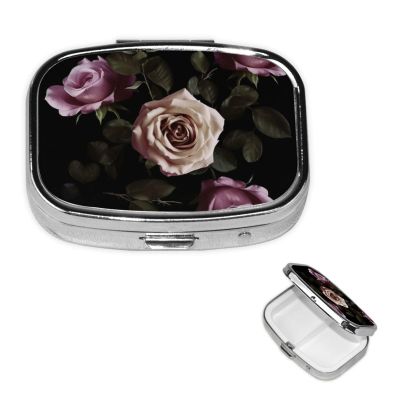 Black Blackgound Rose Pill Box Round Pill Case for Pocket Purse 2 Compartment Medicine Pill Organizer Cute Portable Travel Pillbox Vitamin Cod Liver Oil Storage Box Unique Gift Organizer