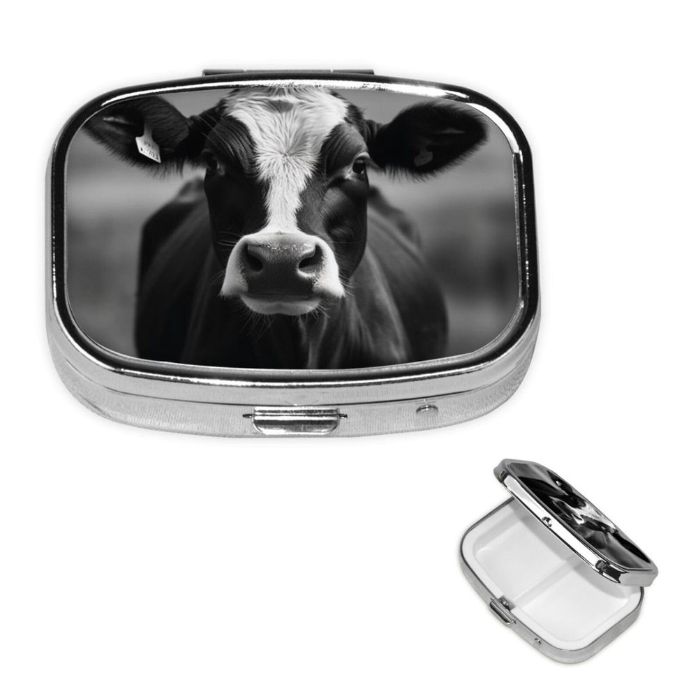 Black White Cow Face Pill Box Round Pill Case for Pocket Purse 2 Compartment Medicine Pill Organizer Cute Portable Travel Pillbox Vitamin Cod Liver Oil Storage Box Unique Gift Organizer