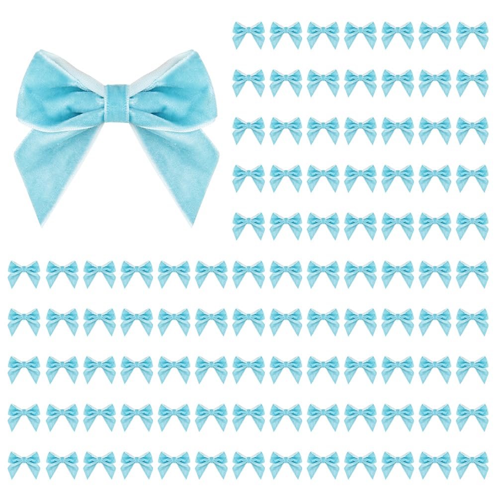 100 PCS Blue Velvet Bows for Christmas Tree, 2.75" Small Velvet Ribbon Bows for Gift Wrapping, Mini Bows for Crafts, Bow Decorations for Party Baby Shower Birthday Wedding (Blue, 100PCS)