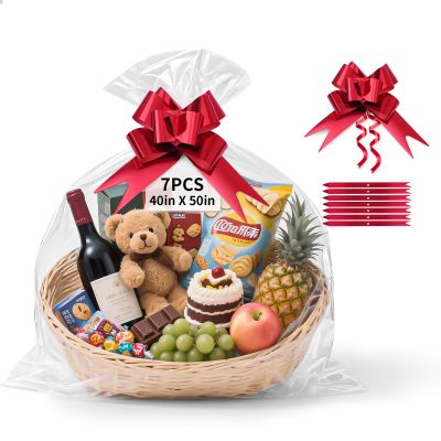 TUXIYA 7 PCS Large Cellophane Bags, 40x50inches Cellophane Wrap for Gift Baskets,Clear Basket Bag with 7 PCS Red Pull Bows