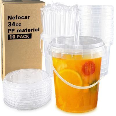 10 Pack 34oz Plastic Cups with Lids and Straws, Disposable Iced Coffee Cups with Lids,Sturdy & Food Safe Drink Buckets for Cold/Hot Drinks,Smoothies, Fruit Drinks Cups Summer Beverages,Bar/Beach Party