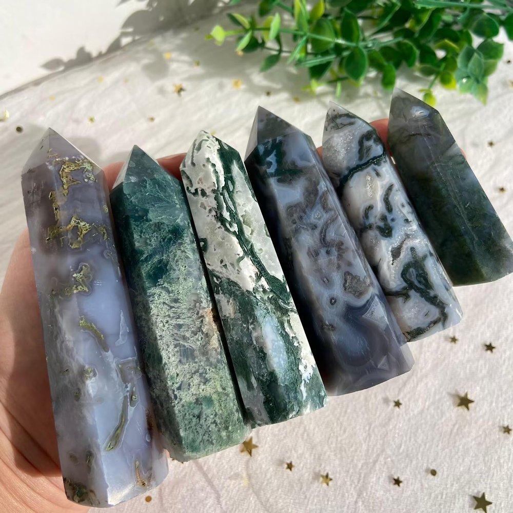 1.1LB Set Moss Agate Obelisks Hexahedral Bundle Random Delivery Assorted 10-15pcs Crystal Towers for Energy, Sacred Geometry & Healing Decor