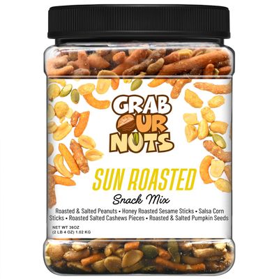 Grab Our Nuts Sun Roasted Snack Mix 36 Ounce Jar: Peanuts, Honey Roasted Sesame Sticks, Salsa Corn Sticks, Roasted Cashew Pieces, Roasted & Salted Pumpkin Seeds