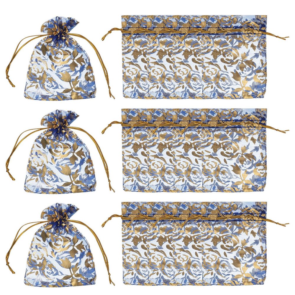 PATIKIL Organza Bags, 100 Pcs 2.8 x 3.5 Inch Mesh Candy Pouch with Drawstring Gold Rose Flower Jewelry Gift Bags for Wedding Christmas Festival Makeup Supply, Sapphire Blue Gold