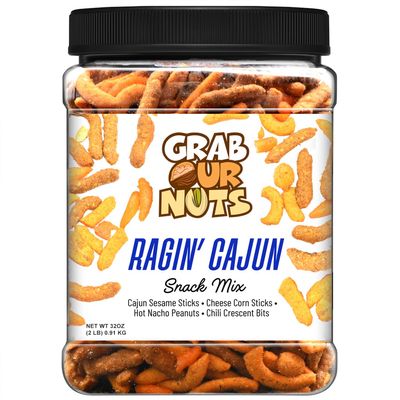 Grab Our Nuts Ragin' Cajun Snack Mix 32 Ounce Jar: Cajun Sesame Sticks, Cheese Corn Sticks, Hot Nacho Peanuts, Chili Crescent Bits