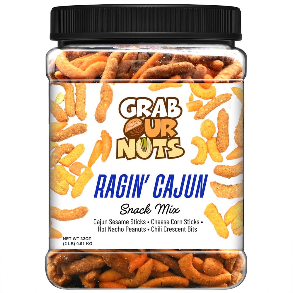 Grab Our Nuts Ragin' Cajun Snack Mix 32 Ounce Jar: Cajun Sesame Sticks, Cheese Corn Sticks, Hot Nacho Peanuts, Chili Crescent Bits