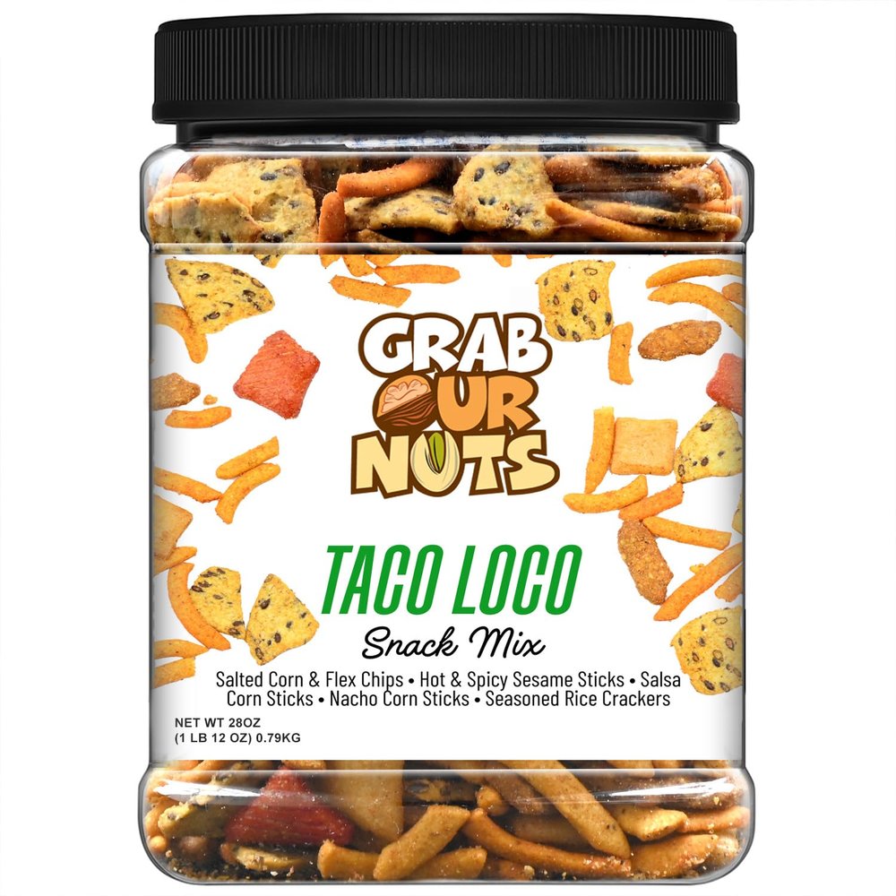 Grab Our Nuts Taco Loco Snack Mix 28 Ounce Jar: Salted Corn & Flex Chips, Hot & Spicy Sesame Sticks, Salsa Corn Sticks, Nacho Corn Sticks, Seasoned Rice Crackers