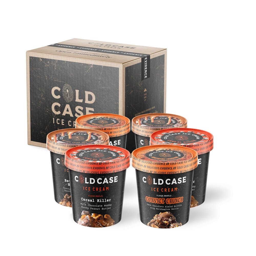Cold Case Ice Cream Chocolate Contraband 6 Pack Gourmet Ice Cream Case Includes Three Flavors - Convict Crunch, Cereal Killer, and Better Than Sex Cake - 1 Case, 6 Pints,16 oz/Pint (Frozen)