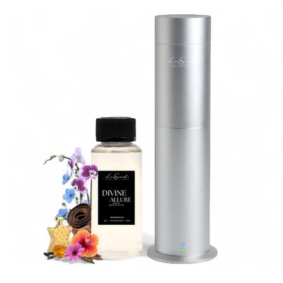 Aroma Scent Diffuser Starter Kit for Up to 1000SQ. FT. Coverage - 120ML Waterless Essential Oil Scent Included - Luxury Aroma Diffuser Ideal for Home, Office & Hotel (Silver, Divine Allure)