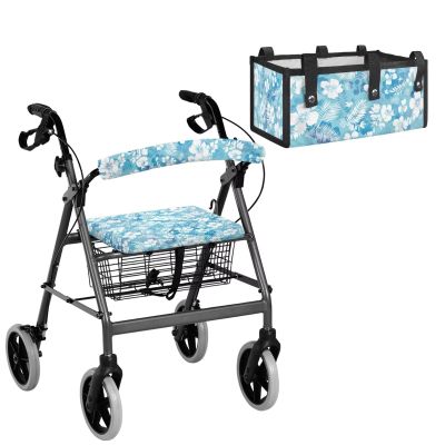 Uacyareni 3 Piece Rollator Walker Seat and Backrest Covers Storage Bag Under Seat for Wheel Rollator, TBlue Floral Print Walker Accessories, Universal