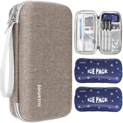 suzamed Insulin Cooler Travel Case,EVA Insulation Travel Medicine Kit with 2 Ice Packs for Diabetes Care,Insulin Pen and Other Diabetic Supplies (Brown)