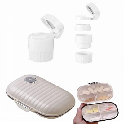 2-in-1 Travel Pill Organizer Set 7-Day Weekly Pill Case with Medication Tracker + 4-in-1 Pill Cutter, Crusher, Storage Box & Water Cup Portable Medicine Kit for Travel, Home, Elderly Use (White)