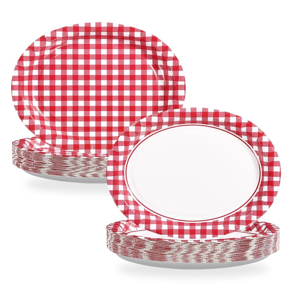 100Pcs Red Gingham Oval Paper Plates 10" x 12" Large Heavy Duty Red and White Checked Plaid Disposable Dessert Plates Sturdy Platters for Summer Picnic BBQ Birthday Crawfish Boil Party Supplies