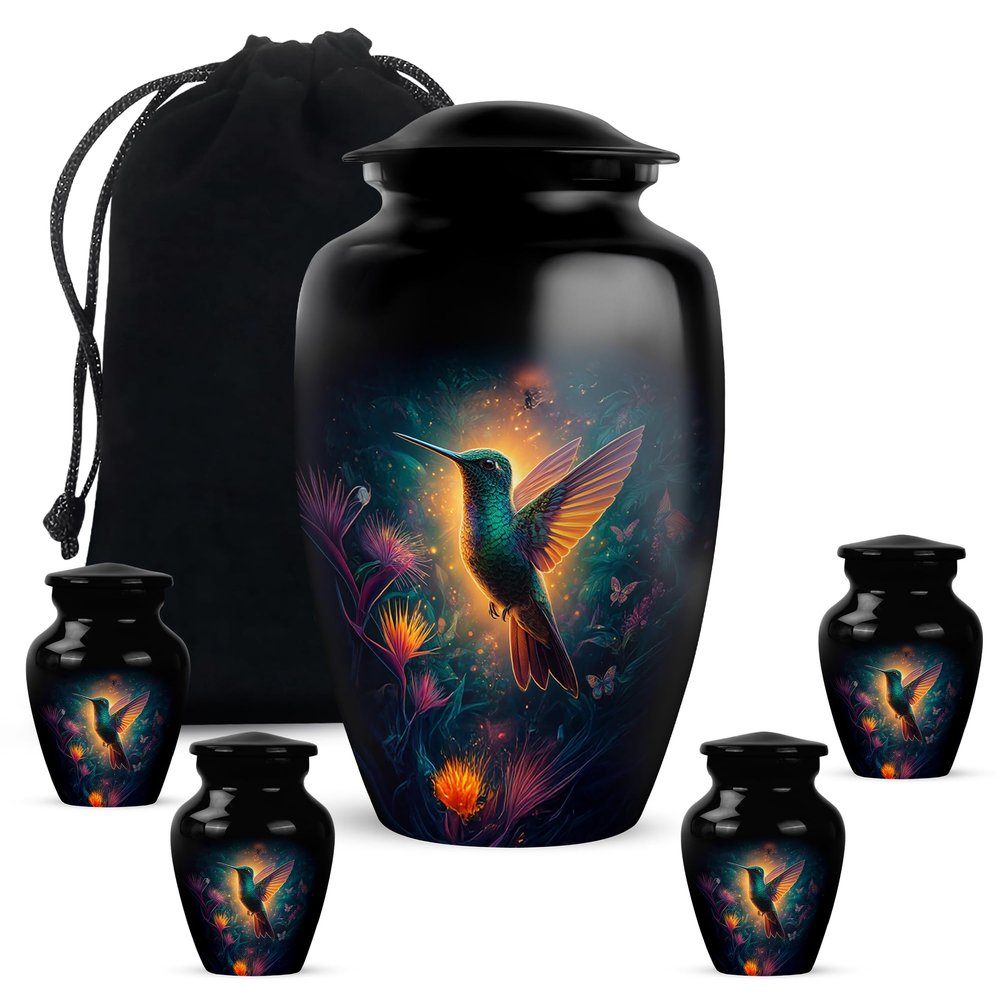 Casketique Hummingbird Cremation Urns for Adult Ashes Women 1 Large & 4 Keepsake Urn - Black Funeral Urns for Human Ashes Adult Man - Small Cremation Urn for Mom & Dad Combo - (10 & 3 Inch)
