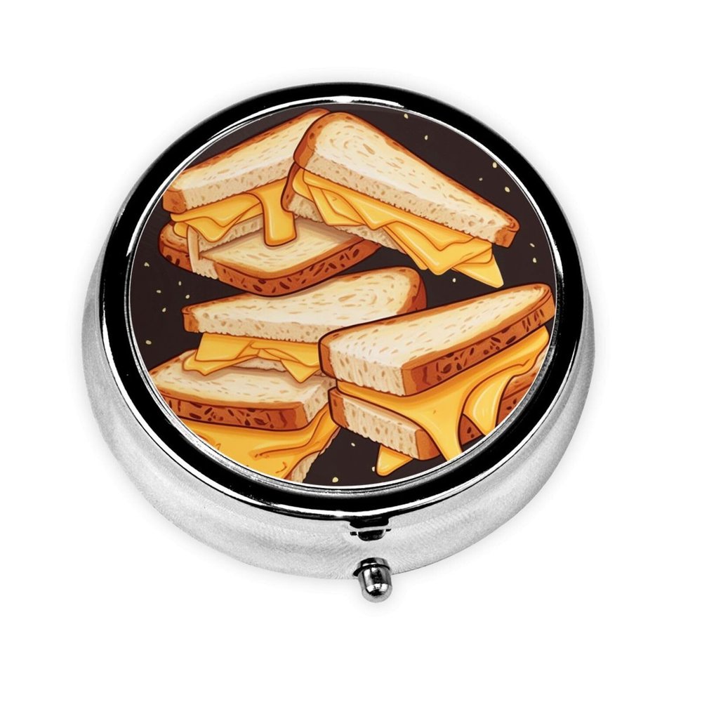 Pill Box Small Pill Case for Pocket & Purse Pill Organizer Portable Pill Container Cute Medicine Organizer Cheese Sandwiches Travel Pillbox for Vitamin Fish Oil Supplements