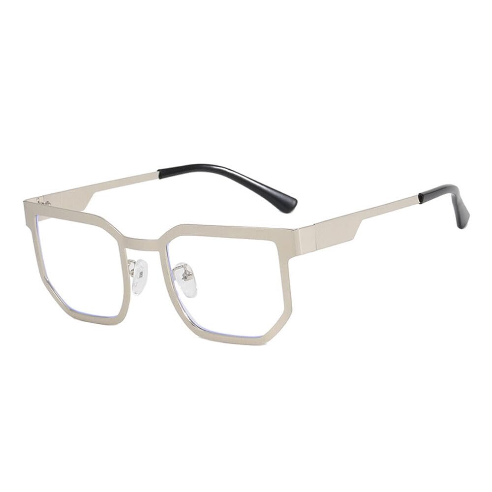 AOOLIA Square Reading Glasses for Men Women, Metal Spring Hinge Men Eyewear Frame, Anti-Blue Light Coating Glasses (Silver, 3, x)