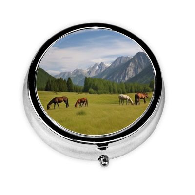 Pill Box Small Pill Case for Pocket & Purse Pill Organizer Portable Pill Container Cute Medicine Organizer Mountain Pasture Grazing Horses Travel Pillbox for Vitamin Fish Oil Supplements