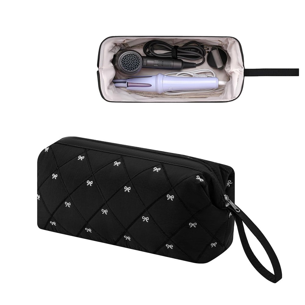 RSRSLEII Large Quilted Hair Tools Travel Bag with Bow Pattern,Black