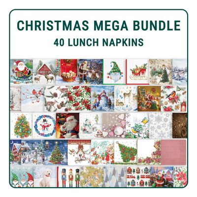 Mega Bundle of Decoupage Paper Napkins I 40 Various 3-Ply Lunch Napkins I Decorative Paper Napkins for Decoupage, Craft, Scrapbooking I Junk Journal Supplies (CHRISTMAS MEGA BUNDLE)