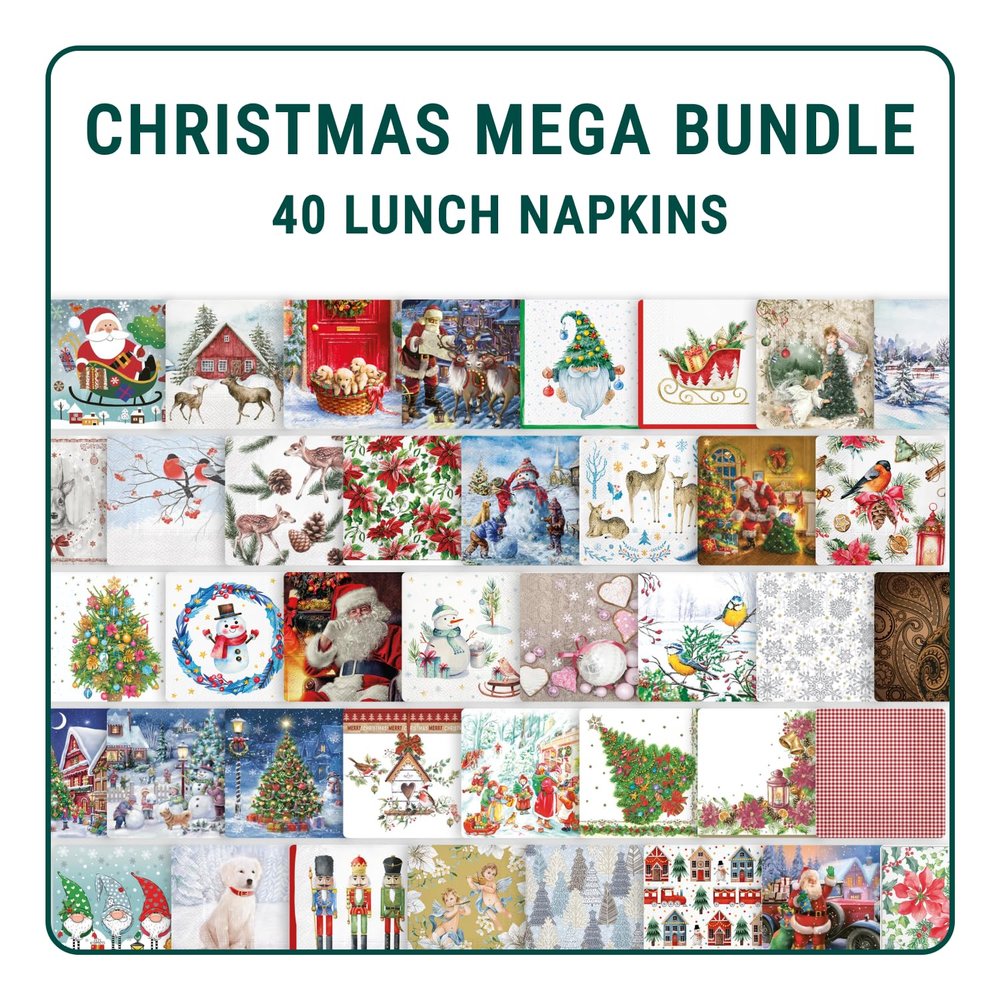 Mega Bundle of Decoupage Paper Napkins I 40 Various 3-Ply Lunch Napkins I Decorative Paper Napkins for Decoupage, Craft, Scrapbooking I Junk Journal Supplies (CHRISTMAS MEGA BUNDLE)