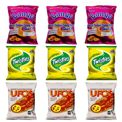 Variety Puffs Snack - 3x 28g Bongo Cheese, 3x 20g Twisties Chicken, 2x 20g UFO'S (Value Pack Of 9) Favorite Snack Of The Pacific Islanders, Classic Flavored Baked Snacks