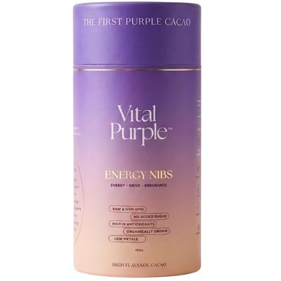 Vital Purple High Flavonal 100% Raw Cocoa Energy Nibs 900mg Flavanols, Purple Cacao, Unroasted & Unfermented - Clean Fuel for Performance & Recovery (10 oz)