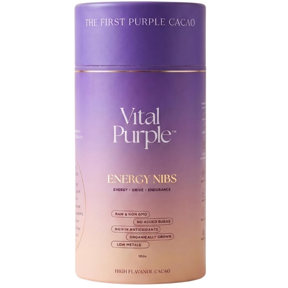 Vital Purple High Flavonal 100% Raw Cocoa Energy Nibs 900mg Flavanols, Purple Cacao, Unroasted & Unfermented - Clean Fuel for Performance & Recovery (10 oz)