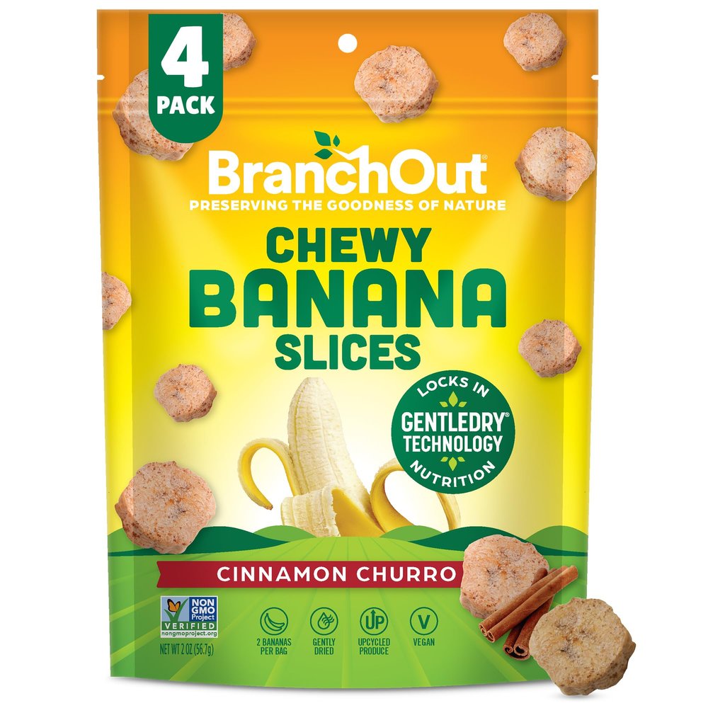 BranchOut Cinnamon Churro Banana Slices, Chewy & Full of Flavor, Cinco de Mayo Party Snack, Better than Freeze Dried Banana Chips, Delicious Vegan Snacks for Kids & Adults, 2 oz Snack Size (Pack of 4)