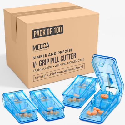 Pill Cutter - V- Grip Pill Crusher and Cutter for Vitamins, Big & Small Pills, and Medication - Transparent Pill Splitter with Pill Holder Case to Split (Bulk Case Pack of 100)